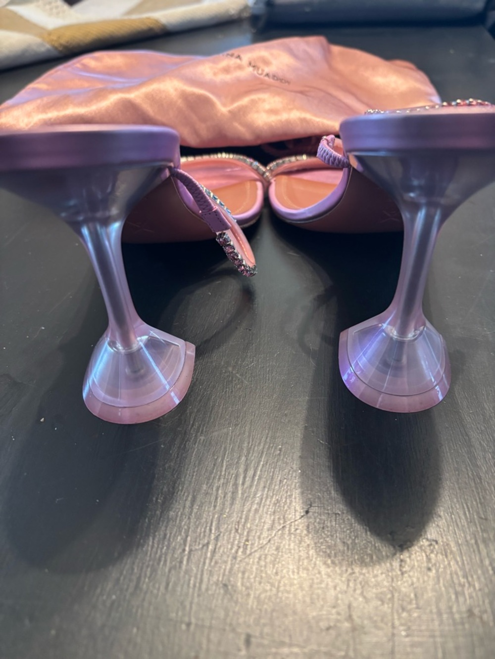 Amina Muaddi Pink Glinda Crystal-Embellished Satin Heels - Picture 3 of 5